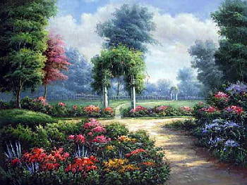Archway of Peace, plants, bushes, archway, grass, gravel walkway, vines, trees, flowers, trellis HD wallpaper