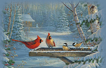 christmas spirit, winter, holidays, birds, snow, cool, nature, paintings HD wallpaper