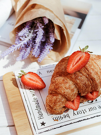 Flowers, Food, Strawberry, Berries, Breakfast, Croissant HD phone wallpaper