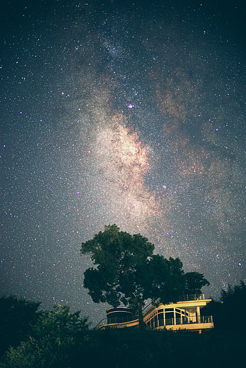 Nature, Stars, Night, Building, Wood, Tree, Starry Sky HD phone wallpaper