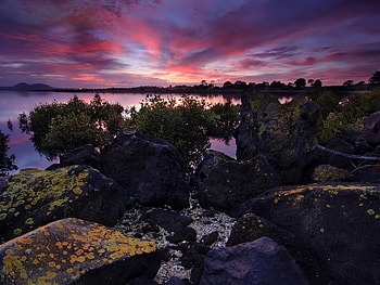 Sunset-in-New-Zealand, colored, sunsets, clouds, sky, nature, water, rock HD wallpaper