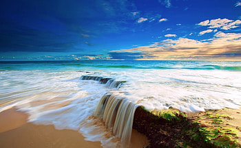 Seaside Little Waterfall, seaside, horizon, clouds, waterfall, nature HD wallpaper