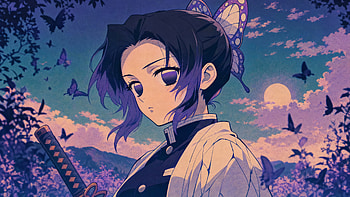 Shinobu Kochou — Butterfly Night, Anime Girl, Katana, Moon HD wallpaper