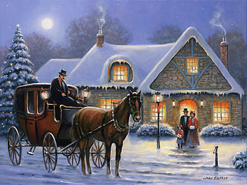 Christmas Eve, coach, horse, painting, snow, trees, cottage, people HD wallpaper