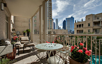 View in Balcony, table, building, scenery, balcony HD wallpaper