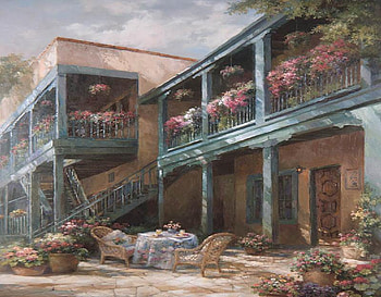 Gantner Hidden Garden, table, wicker chairs, windows, balcony, hanging baskets, buildings, flower pots, stairs, door, flowers, stone patio HD wallpaper