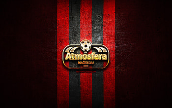 Atmosfera Mazeikiai FC, golden logo, A Lyga, red metal background, football, Lithuanian football club, FK Atmosfera logo, soccer, FK Atmosfera HD wallpaper