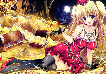 Golden Apple, sexy, hot, cute, girl, gold, food, anime girl, coin, rose, treasure, anime, flower, red, fruit, money, female HD wallpaper