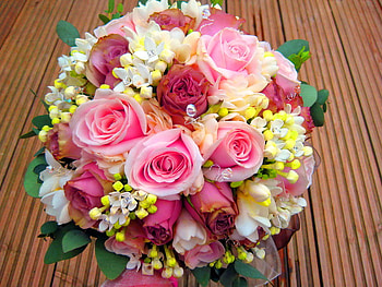 Happy birtay June, pink, white, bouquet, roses, yellow, red, birtay, colors HD wallpaper