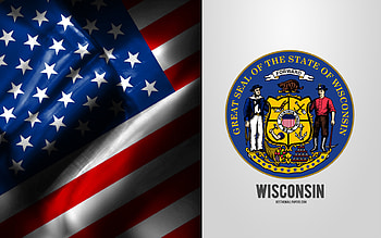 Seal of Wisconsin, USA Flag, Wisconsin emblem, Wisconsin coat of arms, Wisconsin badge, American flag, Wisconsin, USA HD wallpaper