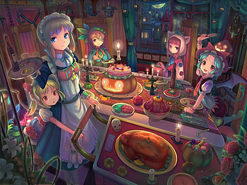 Dinner time, Magical girl, Detailed, Touhou, Dinner, Turkey, Anime, Cute, Female, Halloween themed, Beautiful anime art, Food, Halloween, Anime girl, Pumpkin HD wallpaper