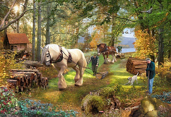 Horse Power, trees, road, horses, people, painting HD wallpaper