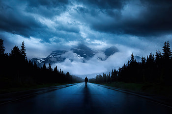 Walking alone, road, mountains, silhouette, dark HD wallpaper