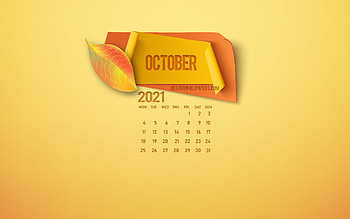 October 2021 Calendar, yellow background, 2021 autumn, October, autumn leaves, autumn concepts, 2021 calendars, autumn paper elements, 2021 October Calendar HD wallpaper