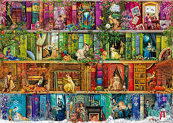 A stitch in time, blue, colorful, pink, shelves, fantasy, green, red, luminos HD wallpaper