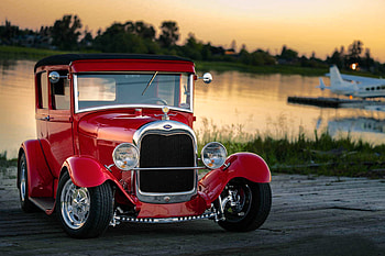 Sunset on a Ford Model A Hot Rod, hot rod, lake, cars, ford, float plane, sunset HD wallpaper