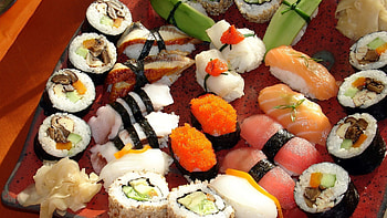Sushi rolls, Appetizing display, Vibrant colors, Savory flavors HD wallpaper