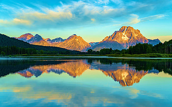 Sunrise in the American West, Wyoming, tetons, clouds, sky, water, mountains, reflections HD wallpaper