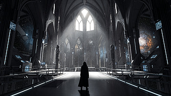 Neo-Gothic Sanctuary —, Cathedral, Sci Fi, Hooded Figure HD wallpaper