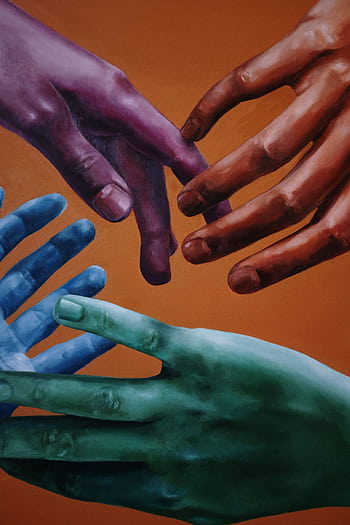 Artistic portrayal of multicolored hands on a vibrant orange background, symbolizing unity and diversity. HD phone wallpaper