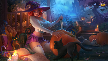 Artemis, dariaart, fantasy, pumpkin, orange, daria, blue, cat, girl, halloween HD wallpaper