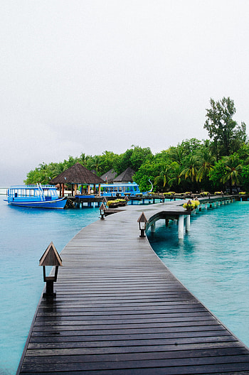 Nature, Pier, Ocean, Boat, Bungalow HD phone wallpaper