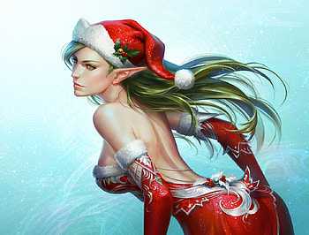 Christmas girl, fantasy, craciun, red, christmas, girl, elf, hat, frumusete, art, luminos HD wallpaper