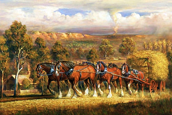 Harvest Helpers, artwork, horses, painting, landscape, cart, countryside HD wallpaper