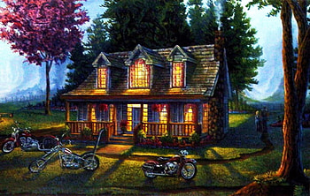 Good to be Home, artwork, bikes, painting, light, house, trees, evening HD wallpaper