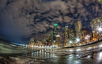 Cities, Building, Lights, Coast, Ocean, Night City, Skyscrapers, Chicago, Fish Eye HD wallpaper