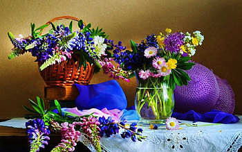 Still Life, jug, basket, colorful, flowers, hat HD wallpaper