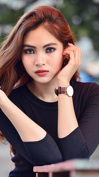 redhead, depth of field, blue eyes, model, woman, asian HD phone wallpaper