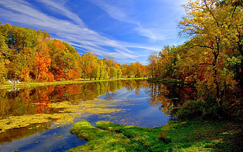 Autumn landscape, river, serenity, nice, shore, trees, autumn, water, calm, fall, landscape, beautiful, lake, falling, branches, clouds, nature, sky, lovely, foliage HD wallpaper