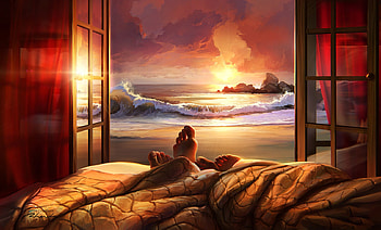 Sweet morning, sea, morning, window, art, orange, sunrise, beach, summer, fantasy, feet, luminos, water, artem chebokha, vara HD wallpaper