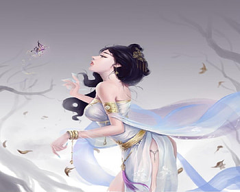 The Last Butterfly, leaves, white dress, butterfly, fall, trees, woman HD wallpaper