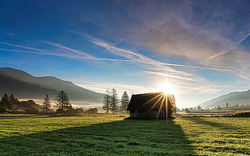 Sunrise in Austria, mountains, valley, hut, Austria, fields, sunrise HD wallpaper