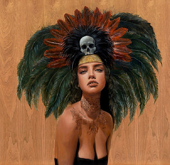 Feathers and Skulls, artwork, feathers, abstract, fantasy, skull, beautiful, female HD wallpaper