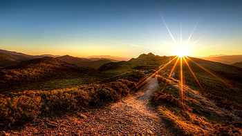 Sunset over South Loch Ness, Suidhe Viewpoint, landscape, sky, sun, Scotland, rocks HD wallpaper