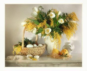 still life, bouquet, tulip, graphy, eggs, tulips, nice, basket, flower, lemon, , straw, white, elegantly, soft, vase, beautiful, fruits, pretty, yellow, cool, flowers, lovely, harmony HD wallpaper