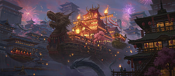 Festival, boat, art, fantasy, lights, shusei sasaya, dragon, lantern HD wallpaper