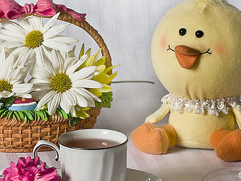 happy tea time, basket, still life, chicken doll, tea, happy, beautiful, flowers, cup HD wallpaper