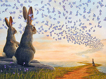Bunnies and butterflies, bunny, fantasy, butterfly, art, pictura, robert bissell, sunset, rabbit, painting HD wallpaper
