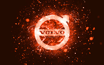 Volvo orange logo, , orange neon lights, creative, orange abstract background, Volvo logo, cars brands, Volvo HD wallpaper