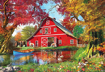 Sunny Barn, artwork, ducks, boat, painting, autumn, trees, pond HD wallpaper
