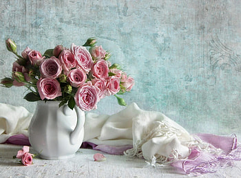 Flowers, Roses, Bouquet, Jug, Petal, Scarf HD wallpaper