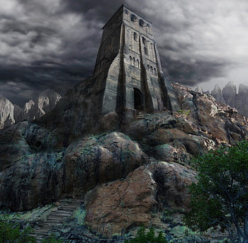 forgotten tower, stairs, abstract, fantasy, tower, mountain HD wallpaper