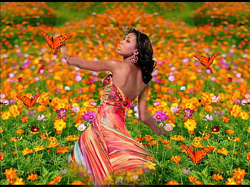 Delicate Parfait, orange, colorful, black, vibrant, girl, butterflies, vivid, bright, green, yellow, red, bold, flowers HD wallpaper
