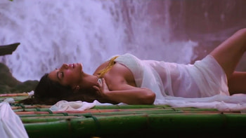 On a Bamboo Raft, Beautiful, Brunette, Woman, Sensual, Water, Bamboo, Waterfall, Pretty HD wallpaper