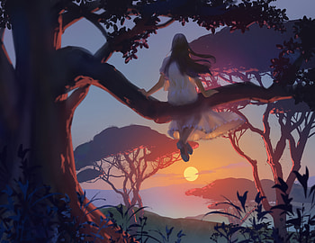 Sunset, Art, Wood, Tree, Girl, Loneliness HD wallpaper