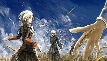 armor blue kentarou skirt sky sword white_hair, blue, skirt, sword, sky, white-hair, kentarou, armor HD wallpaper
